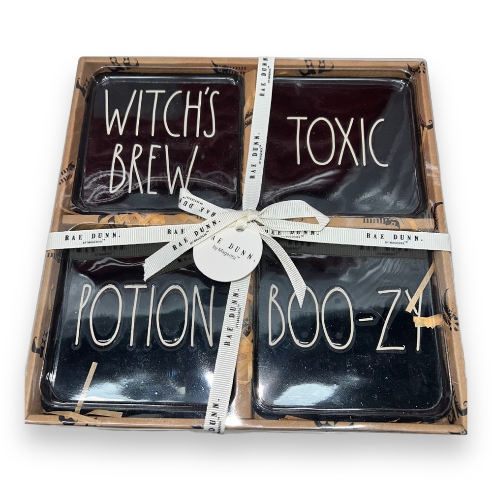NEW Rae Dunn Black Ceramic Halloween Coasters Witchs Brew, Toxic, Potion, Boo-zy